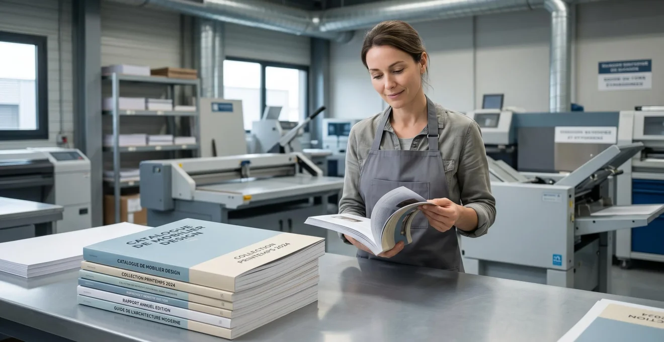 Atelier de production professionnelle avec pile de catalogues imprimés au premier plan, technicien vérifiant la qualité d'un catalogue ouvert, équipements d'impression en arrière-plan, environnement industriel moderne et organisé
