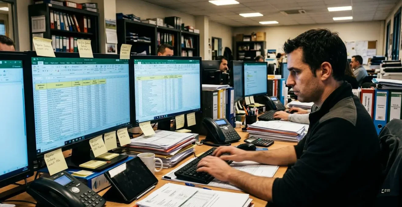 Bureau professionnel avec plusieurs écrans affichant des fichiers Excel ouverts, piles de documents papier, personne en position de saisie intensive avec léger flou de mouvement, environnement de travail encombré