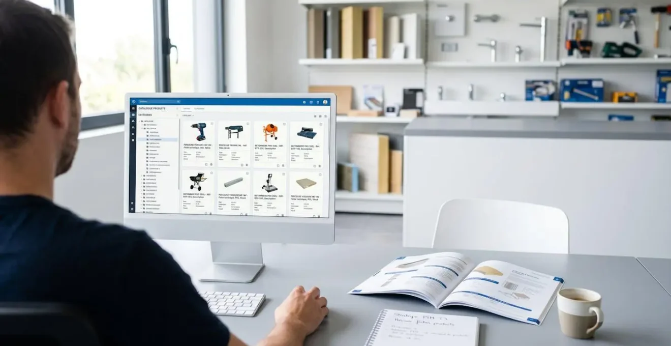 Bureau professionnel moderne avec écran d'ordinateur affichant une interface PIM de gestion de données produits, personne de dos en position de travail, catalogue imprimé ouvert sur le bureau, échantillons produits BTP en arrière-plan, lumière naturelle