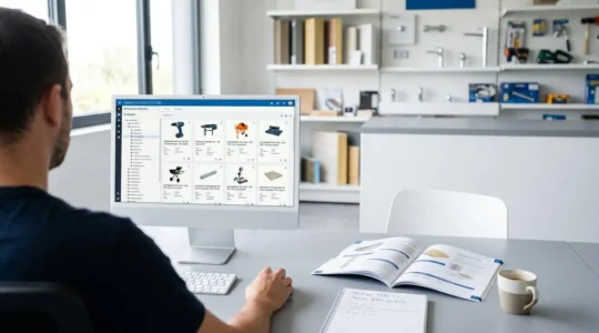 Bureau professionnel moderne avec écran d'ordinateur affichant une interface PIM de gestion de données produits, personne de dos en position de travail, catalogue imprimé ouvert sur le bureau, échantillons produits BTP en arrière-plan, lumière naturelle