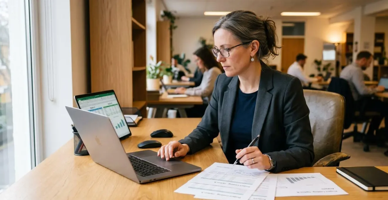 Responsable PME comparant deux offres d'imprimantes sur un écran d'ordinateur avec des documents de coûts étalés sur le bureau