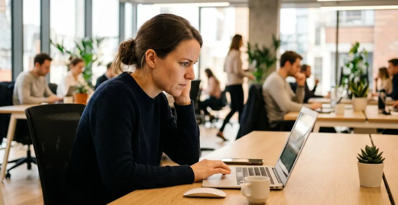 Collaboratrice scrutant attentivement un email sur son ordinateur portable dans un open-space lumineux
