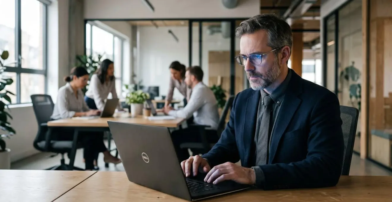 Dirigeant de PME face à un écran affichant une alerte de sécurité informatique, l'air concentré dans un bureau moderne