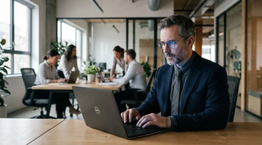 Dirigeant de PME face à un écran affichant une alerte de sécurité informatique, l'air concentré dans un bureau moderne