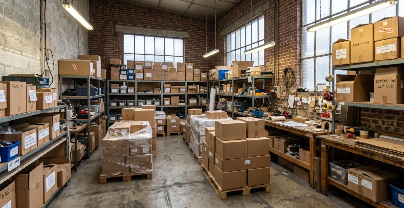 Espace de stockage saturé dans une PME avec cartons empilés, palettes et rayonnages remplis dans un local professionnel aux murs de briques
