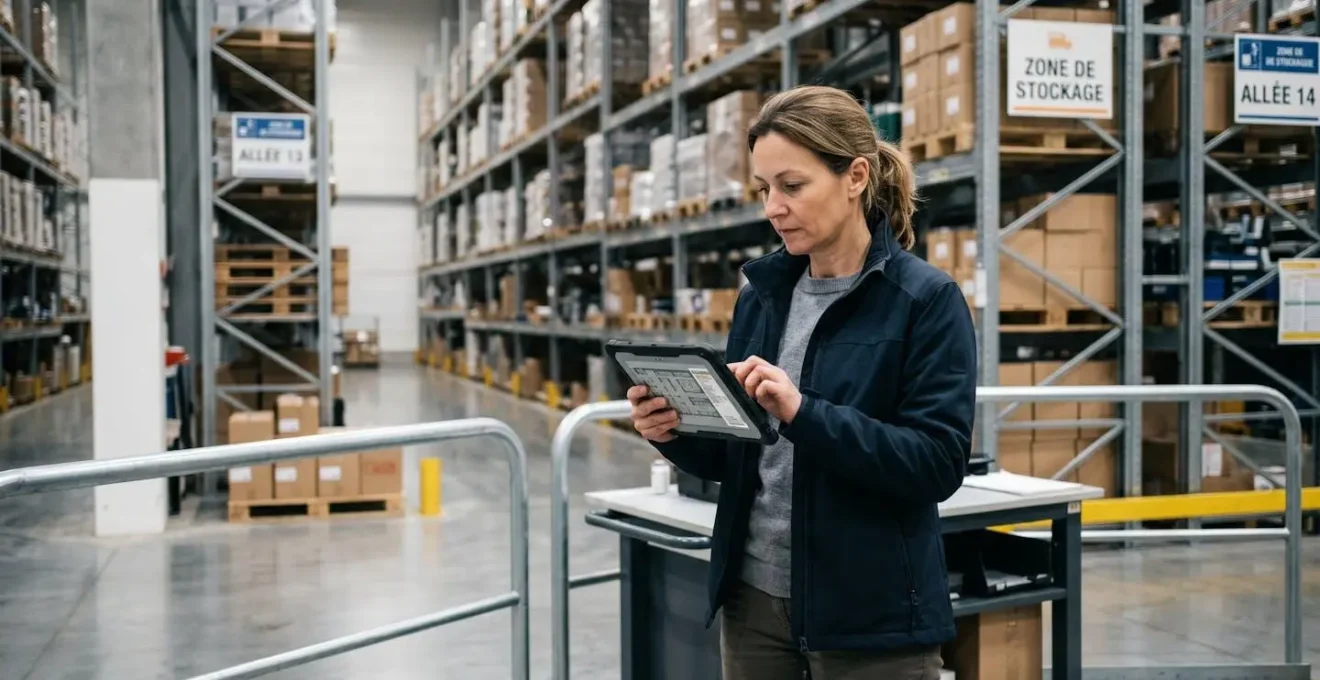 Responsable logistique professionnel analysant des documents de gestion d'espace sur tablette dans un entrepôt moderne avec rayonnages métalliques