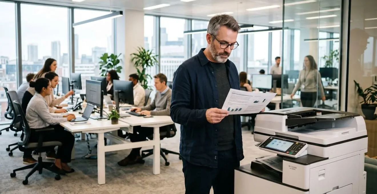 Responsable informatique d'une PME examinant les paramètres d'une imprimante multifonction laser couleur dans un open space professionnel