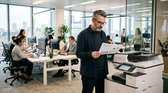 Responsable informatique d'une PME examinant les paramètres d'une imprimante multifonction laser couleur dans un open space professionnel
