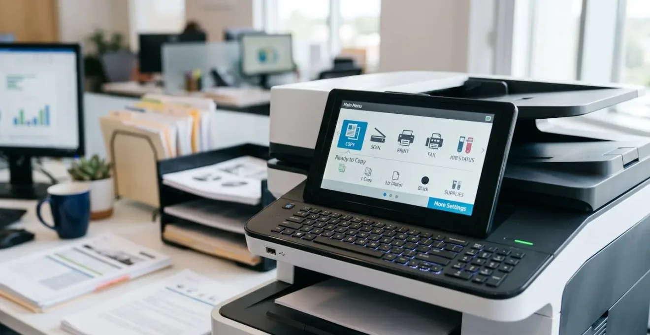 Gros plan sur le panneau de contrôle d'une imprimante multifonction laser couleur moderne dans un bureau professionnel