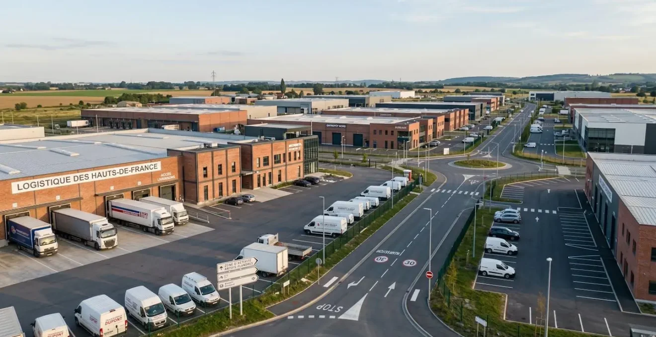 Vue aérienne d'une zone d'activité économique moderne dans les Hauts-de-France avec entrepôts logistiques contemporains, véhicules professionnels et signalétique en français