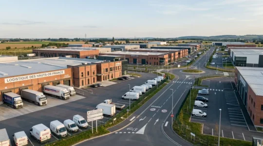 Vue aérienne d'une zone d'activité économique moderne dans les Hauts-de-France avec entrepôts logistiques contemporains, véhicules professionnels et signalétique en français