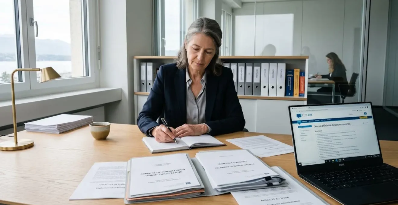 Bureau d'avocat avec documents juridiques européens et écran affichant le portail EUR-Lex, représentant l'environnement professionnel de conseil en droit communautaire