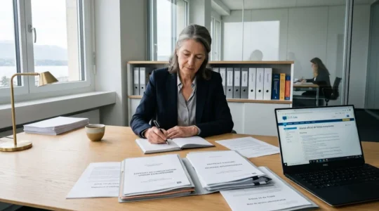 Bureau d'avocat avec documents juridiques européens et écran affichant le portail EUR-Lex, représentant l'environnement professionnel de conseil en droit communautaire