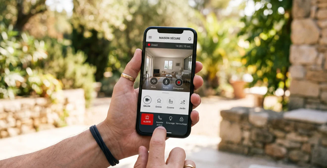 Main tenant un smartphone affichant une application de surveillance résidentielle avec flux vidéo en direct, arrière-plan extérieur estival flou