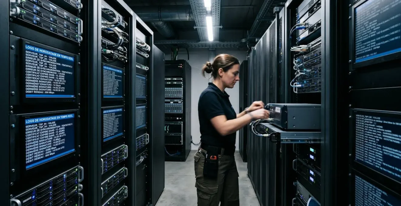 Salle serveur d'un prestataire qualifié avec écrans de monitoring et technicien en intervention, illustrant l'infrastructure technique de certification eIDAS