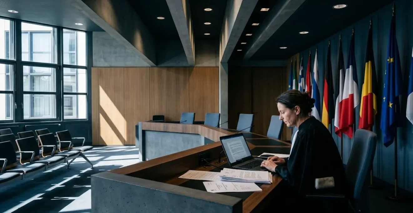 Salle d'audience de tribunal européen avec drapeaux des États membres et juge consultant des dossiers numériques, représentant la diversité des procédures judiciaires
