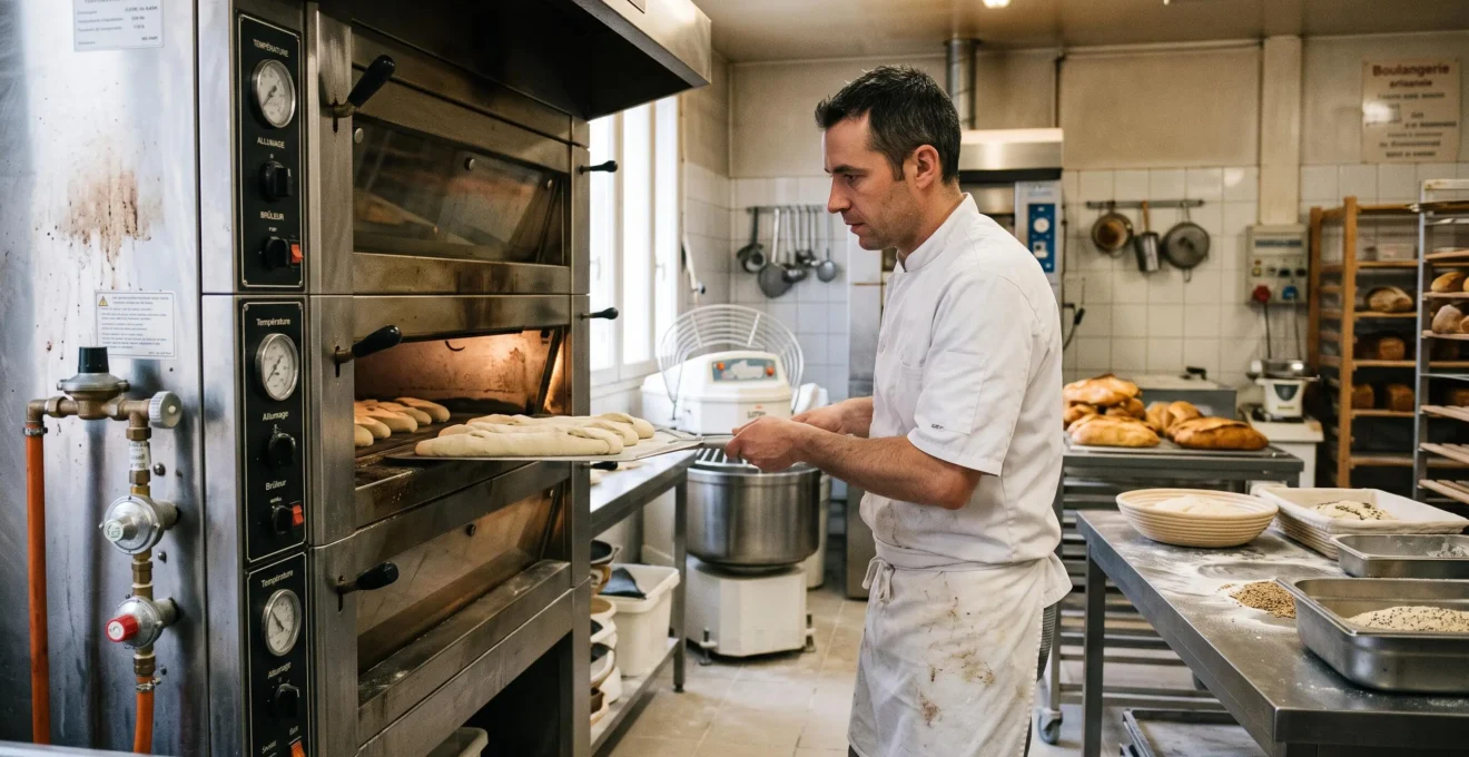 Boulanger professionnel travaillant devant un four à gaz propane en acier inoxydable dans un atelier de boulangerie artisanale française.