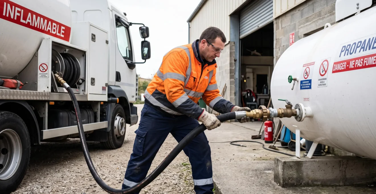 Technicien raccordant le flexible de livraison d'un camion à une citerne de propane professionnelle lors d'un approvisionnement.